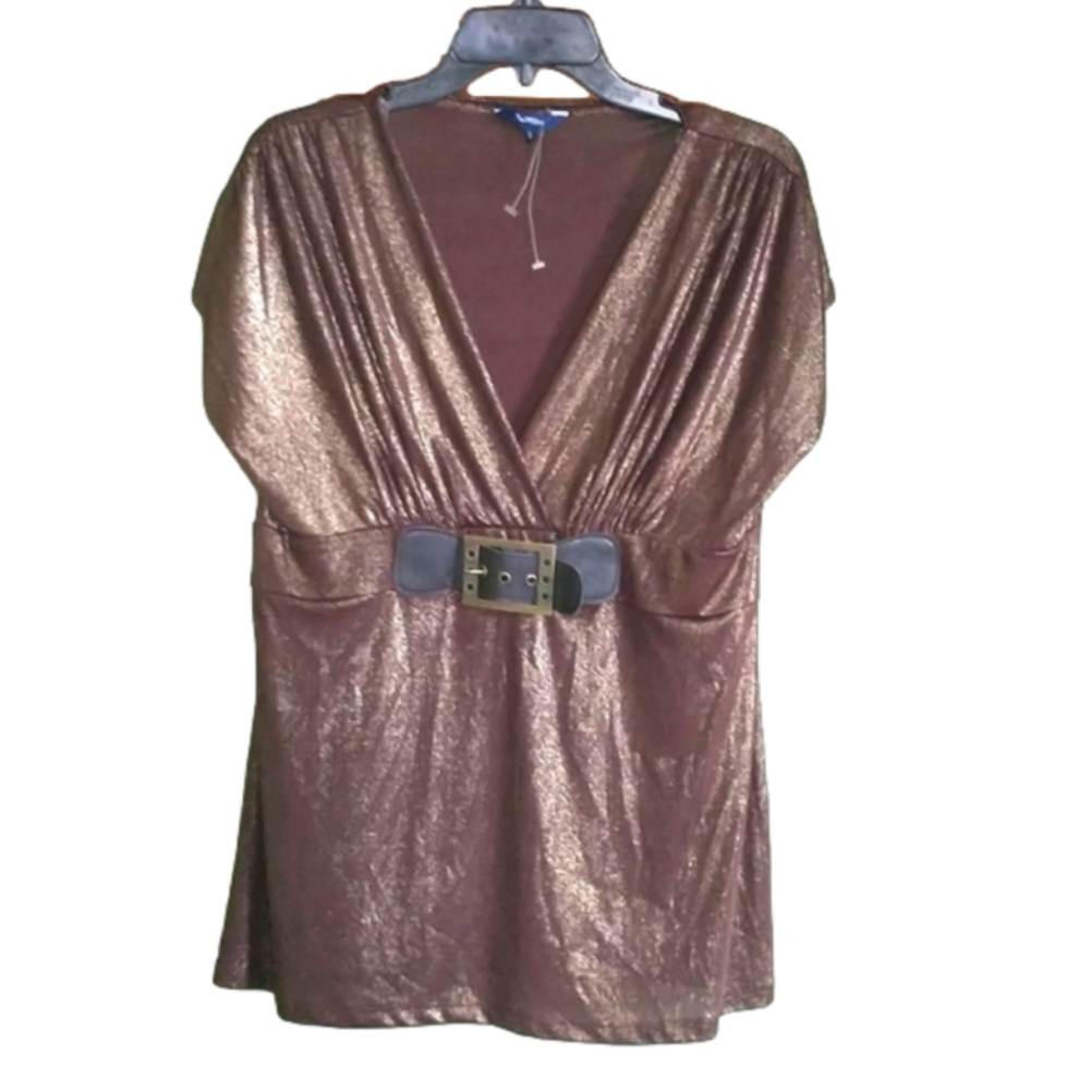 3/$15 Reitmans Gold toned over brown belted v-neck stretch blouse sz LG
